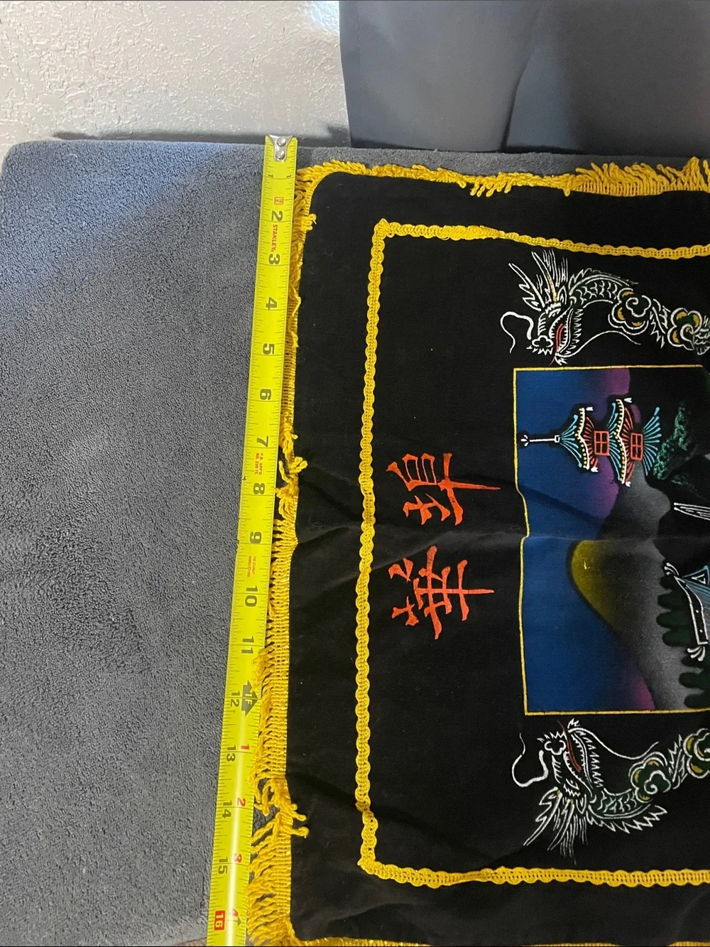 Chinatown Embroidered Painted Velvet Fringed Pillow Cover - Black & Yellow NWOT